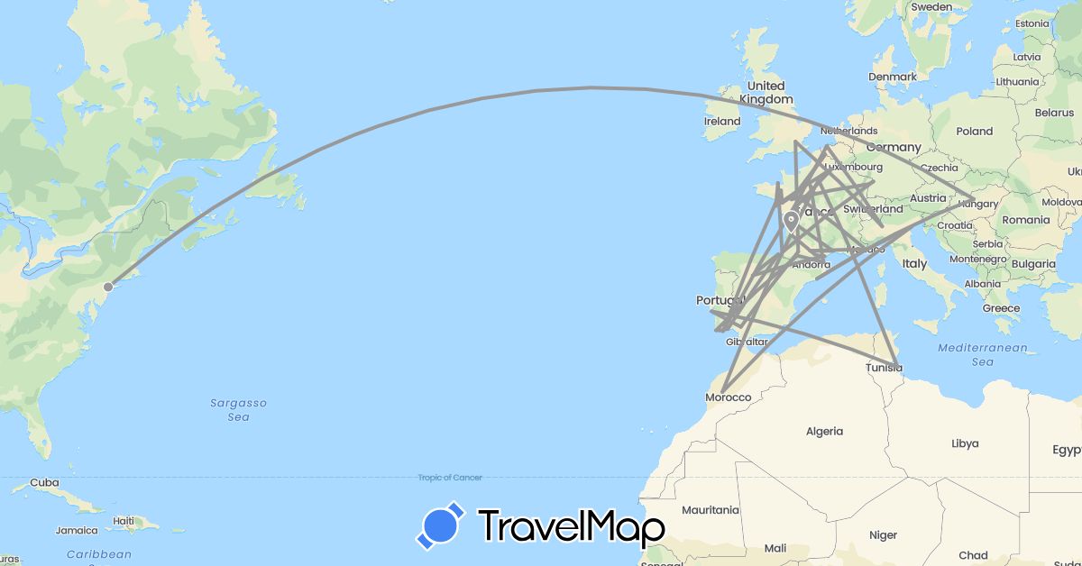 TravelMap itinerary: driving, plane in Belgium, Germany, Spain, France, United Kingdom, Hungary, Italy, Morocco, Monaco, Portugal, Tunisia, United States (Africa, Europe, North America)